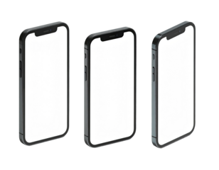 Three black smartphones with white screens angled on a dark background