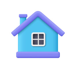 Blue house with purple roof, window and chimney. Real estate, smart home, mortgage, property and housing concept. 3d vector icon. Cartoon minimal style.