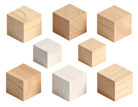 Assortment of wooden cubes, showcasing grain patterns and colors, on black