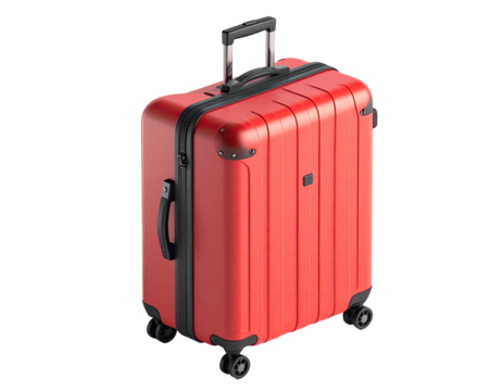 Red, upright, wheeled suitcase with handle extended, isolated on black