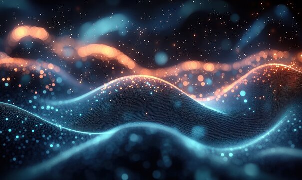 Abstract digital landscape with glowing blue and orange particles forming wavy patterns and a sense of depth and motion - Powered by Adobe