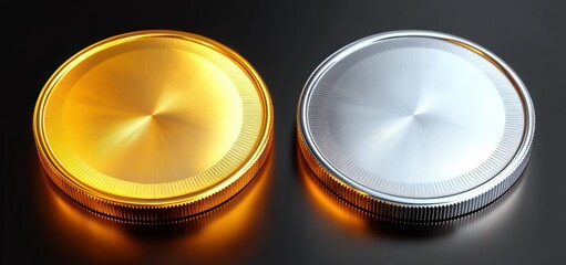 Close-up of two shiny metallic coins, one gold and one silver, placed side by side on a dark reflective surface conveying a sense of value and contrast
