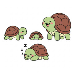 Obraz premium Cute cartoon turtles in various adorable poses, including sleeping and playful