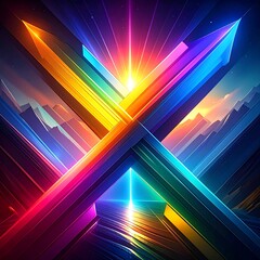 Colorful abstract design with intersecting shapes and vibrant light rays.  Mountain range in background