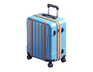 Isometric view of a blue suitcase with brown accents and extendable handle