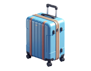 Isometric view of a blue suitcase with brown accents and extendable handle