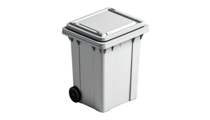 Isometric view of a white rectangular wheeled refuse container with lid