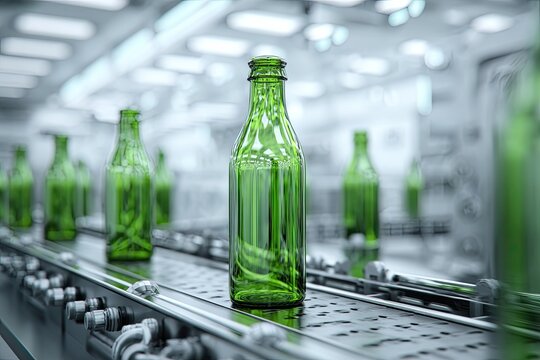 Emerald green glass bottle on a factory conveyor belt.  Modern, automated production line with blurred background of other bottles and machinery
