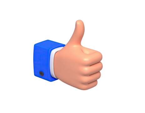 3D rendered hand with thumb up, wearing a blue suit, on black background