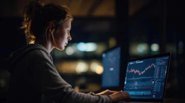 A woman analyzing data on her laptop screen at night, surrounded by digital graphs and financial information. - Powered by Adobe