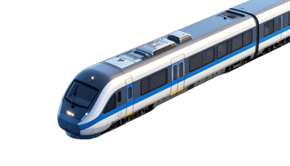 High-speed electric passenger train with blue and white livery, on black backdrop