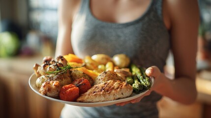 A woman holds a platter of healthy grilled chicken and colorful vegetables, showcasing a balanced meal.