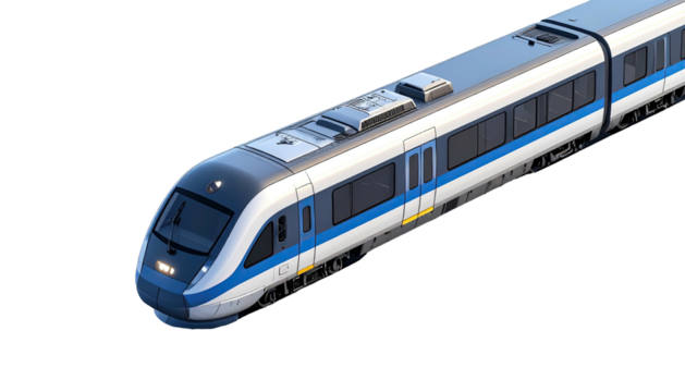 High-speed electric passenger train with blue and white livery, on black backdrop