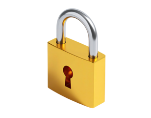 Gleaming golden padlock with silver shackle, set against a stark black background