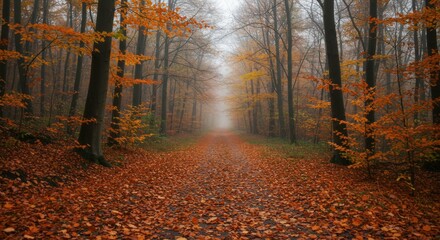 Autumn forest scene with path covered in fallen leaves and trees disappearing into the mist