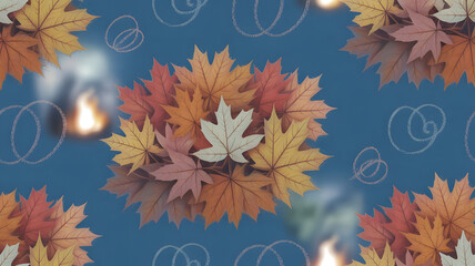 Autumn maple leaves arranged in a circular pattern on a blue background