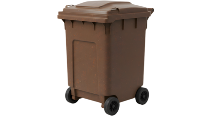 Brown outdoor trash bin on wheels with lid for waste collection and disposal, perfect for home and commercial use