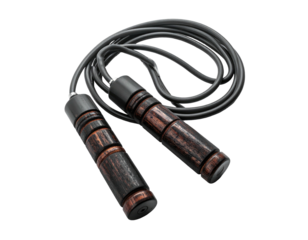 A detailed 3D render of a jump rope with wooden handles on a black background