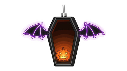 Haunting Halloween Ornament: A spooky Halloween ornament in the shape of a coffin, embellished with a glowing pumpkin and bat wings, all set against a night background.