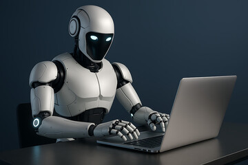 White and black sleek robot with glowing blue eyes intently typing on a silver laptop on a dark desk against a deep blue background, representing the concept of technology