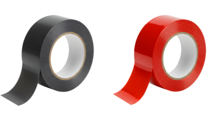 Black and red electrical tape rolls isolated on white background, perfect for electrical work and insulation projects