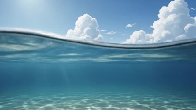 A Serene View: Half Underwater Scene with Clear Water and Puffy Clouds