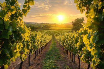 Sunset over a lush vineyard with rows of grapevines stretching into the distance under a partly cloudy sky