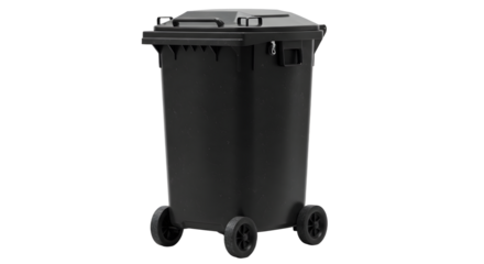 Black plastic wheeled trash bin isolated on white background for waste management and recycling purposes