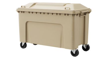 Large beige commercial trash bin with wheels isolated on white background, perfect for waste management and industrial cleanup