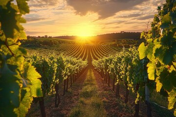 Fototapeta premium Sunset over a lush vineyard with rows of grapevines stretching into the distance under a partly cloudy sky