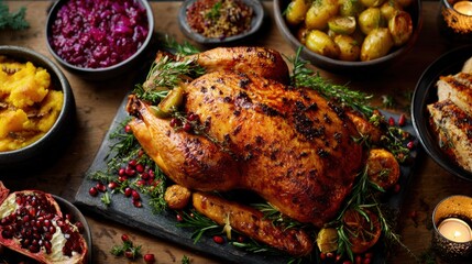 Deliciously roasted turkey surrounded by an exquisite array of vibrant side dishes, perfect for festive gatherings.