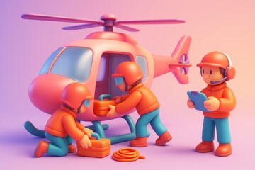 Cartoon rescue team loading supplies into helicopter on pink and purple background, showing teamwork and transport concept in creative style. Ai generative