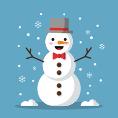 Cheerful cartoon snowman with a top hat and bow tie surrounded by snowflakes.