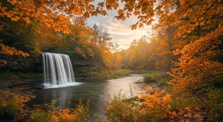 Autumnal waterfall cascading into serene river amidst colorful foliage and natural environment