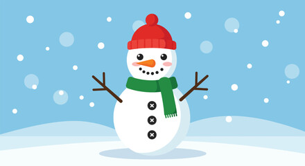 Cheerful Snowman Wearing a Red Hat and Green Scarf in a Snowy 