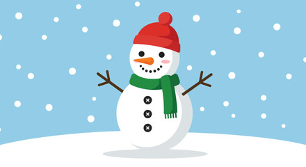 Cheerful Snowman Wearing a Red Hat and Green Scarf in a Snowy Landscape.