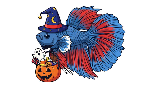 Enchanting Halloween Betta: A captivating illustration of a betta fish adorned in a whimsical wizard's hat, holding a pumpkin basket filled with spooky Halloween treats.