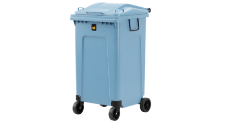 Blue plastic outdoor trash bin with wheels and lid isolated on white background, perfect for waste management