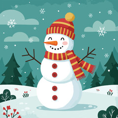 Cheerful Snowman Wearing Striped Hat and Scarf in Snowy Landscape.