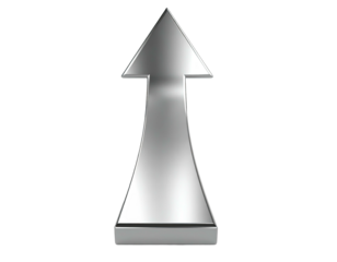 A gleaming, metallic, silver arrow pointing upwards against a stark black background