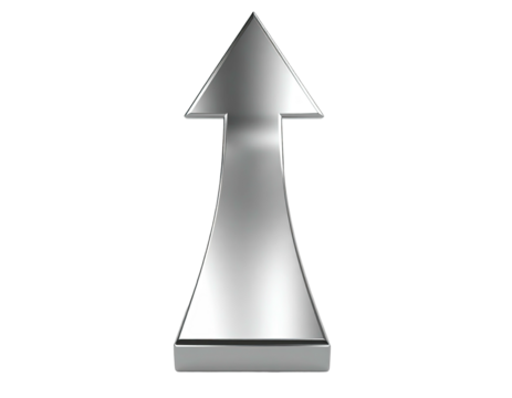 A gleaming, metallic, silver arrow pointing upwards against a stark black background