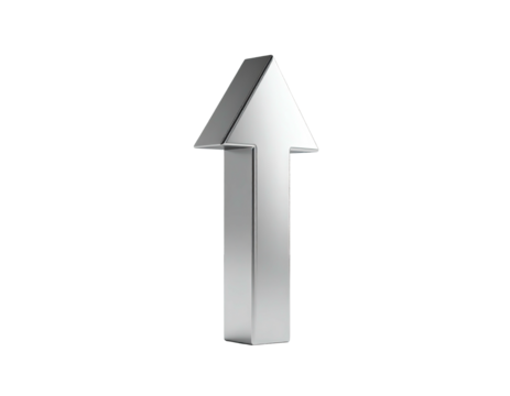 Shiny, three-dimensional silver arrow pointing upwards against a black background