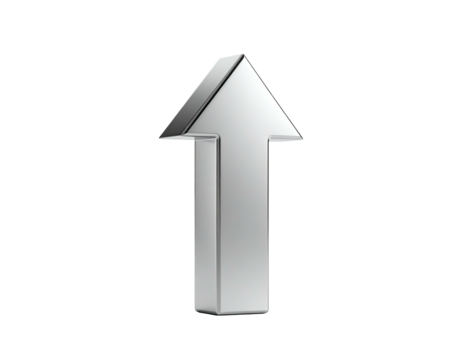 A 3D silver upward-pointing arrow on a stark black background