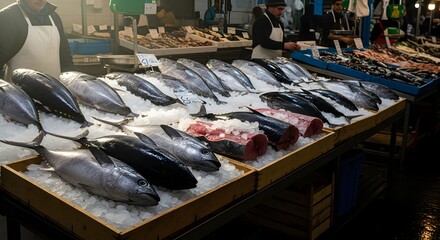 Fresh fish on ice at a market stall, various types and sizes.