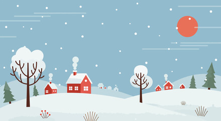 Fototapeta premium Cozy Red Houses in a Snowy Winter Landscape with Falling Snowflakes