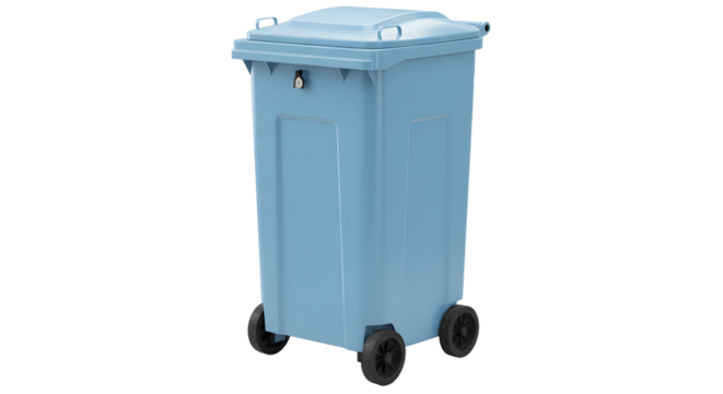 Blue wheeled trash bin isolated on white background for waste management and recycling, perfect for environmental projects