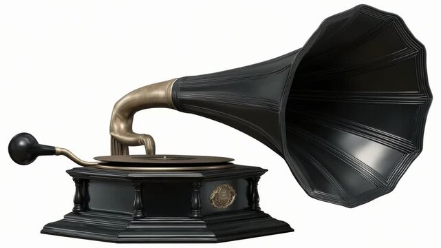 An antique gramophone with a large horn on a wooden base.
