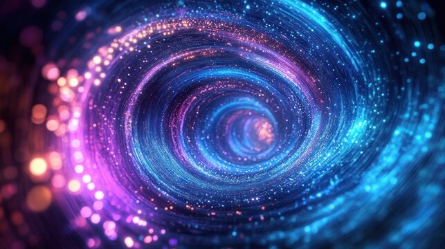 Glowing swirling vortex of blue and purple light particles creating a mesmerizing tunnel effect with sparkling dots and dynamic motion