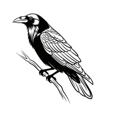 Fototapeta premium Black crow sitting on a branch in detailed line art style 