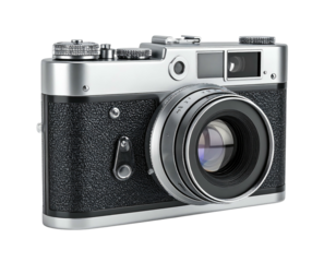 A classic silver and black film camera with a prominent lens angled slightly